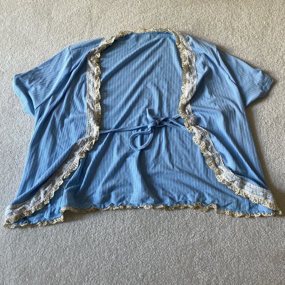 ROMWE Light Blue Short Sleeve Lace-Trim Cardigan